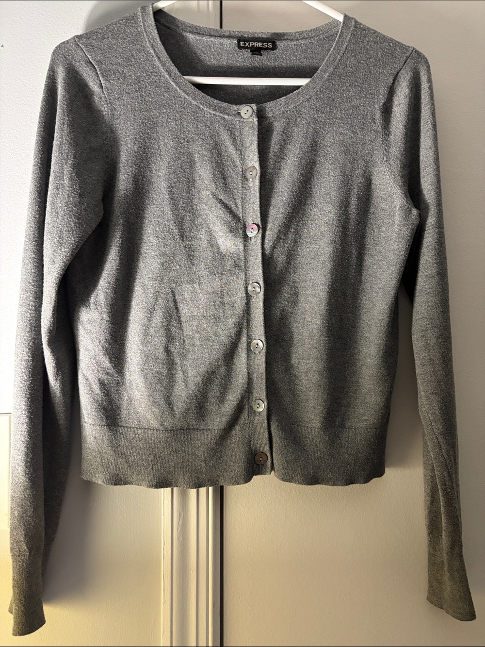 Express Gray Button-Front Crewneck Cardigan